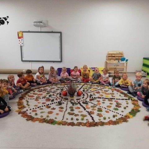Powiększ obraz: Dzieci z grupy 4 siedzą wokoło mandali ułożonych z darów jesieni