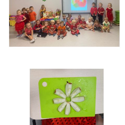 Powiększ obraz: Kolaż z dwóch ujęć dzieci z grupy 5 z dnia jabłka - zdjęcie grupowe i zdjęcie dziecka nad pokrojony jabłkiem