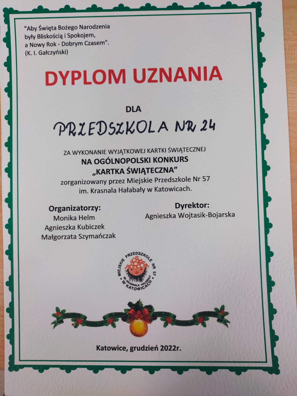 Dyplom za udział w konkursie