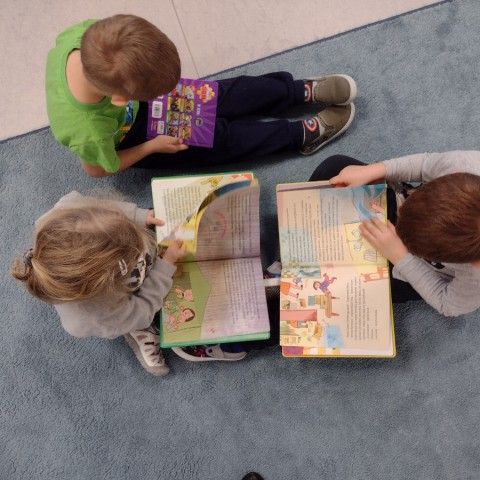 Powiększ obraz: Dzieci siedzą na dywanie i oglądają książki